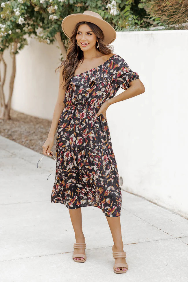 On Repeat Floral One Shoulder Ruffle Maxi Dress Black | Pink Lily