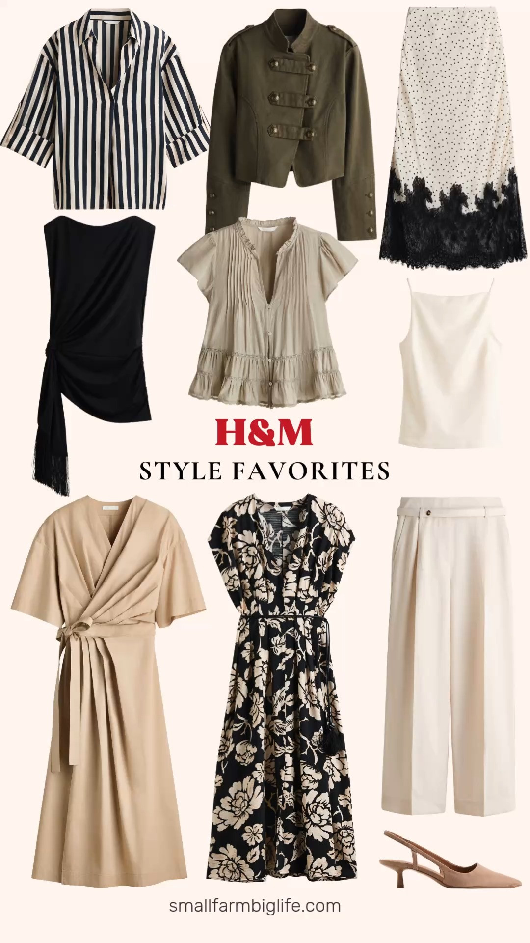 H&M style favorites are here and this neutral color palette is so easy to wear! The striped oversized pullover shirt and wide leg pants with a belt make for an effortless everyday outfit, and the cotton stand up collar jacket is perfect for layering. I am also loving the wrap midi dress, the floral print button front midi dress, and the polka dot lace trimmed skirt for something a little more dressed up. Round it all out with the draped tie detail top, puff sleeved blouse, strappy top, and kitten heel slingbacks. Shop it all right here on my LTK. 

 #LTKootd #LTKOver40 #LTKWorkwear
