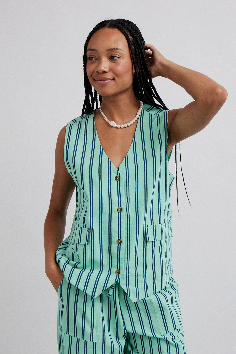 coco oversized waistcoat - mint stripe | Damson Madder