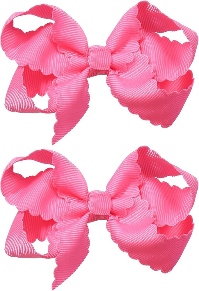 Everyday Hair Bows for Girls,2Pcs 3in Hot Pink Boutique Grosgrain Ribbon Scalloped Hair Bow Allig... | Amazon (US)