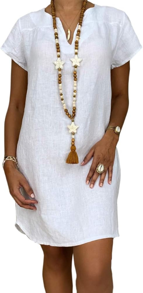 Women's Loose Skirt Large Size Solid Color V-Neck Cotton and Linen Dress | Amazon (US)