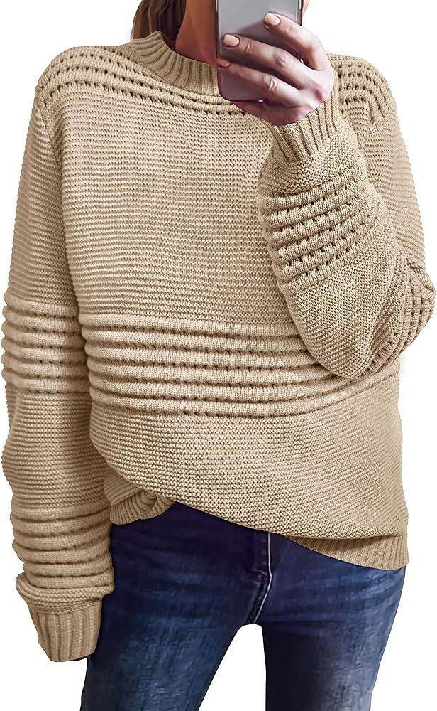 KIRUNDO Womens Sweaters 2024 Fall Long Sleeve Crew Neck Crochet Pit Striped Oversized Casual Chun... | Amazon (US)