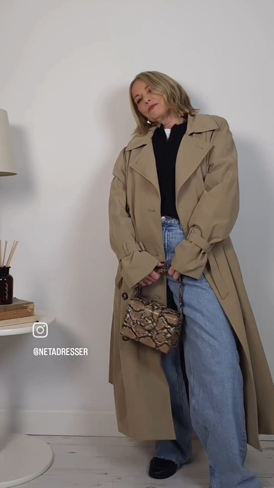 A timeless wardrobe classic...The trench coat jeans - black cardigan  - black loafers  - snake print bag

#LTKuk #LTKautumn #LTKstyletip