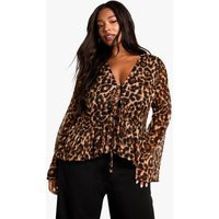Plus Leopard Tie Front Ruffle Blouse, brown | PrettyLittleThing US