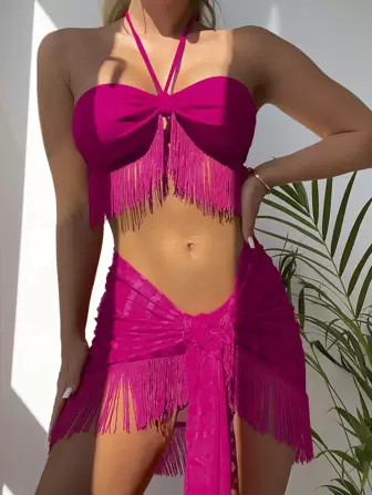 Plain Fringe Bikini Swimsuit With Beach Skirt | SHEIN