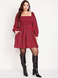 Fit &amp; Flare Long-Sleeve Plaid Seersucker Mini Dress for Women | Old Navy (US)