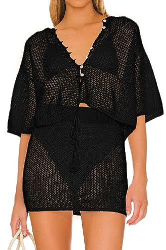 Jumppmile Women 2 Piece Cover Up Set Crochet Coverups Bathing Suit Beach Bikini Swimwear Swimsuit Cover Up Set Black XL | Amazon (US)