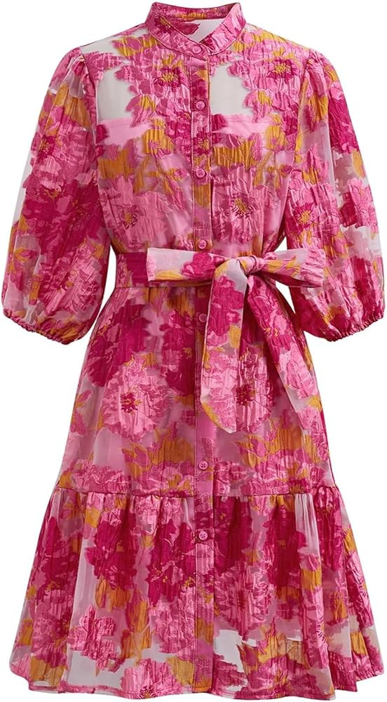 CHICWISH Women Floral Jacquard Mini Dress Puff Sleeves Mock Neck Button Garedn Party Organza Casu... | Amazon (US)