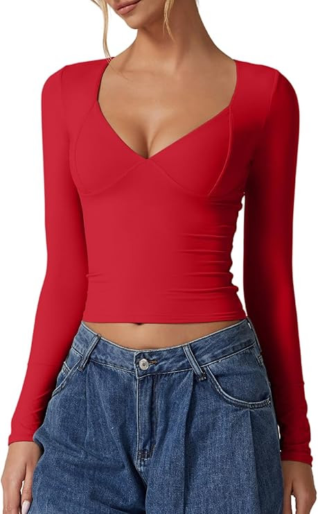 QINSEN Women's Long Sleeve V Neck T Shirts Double Lined Crop Top Seamed Cup Going Out Tops | Amazon (US)