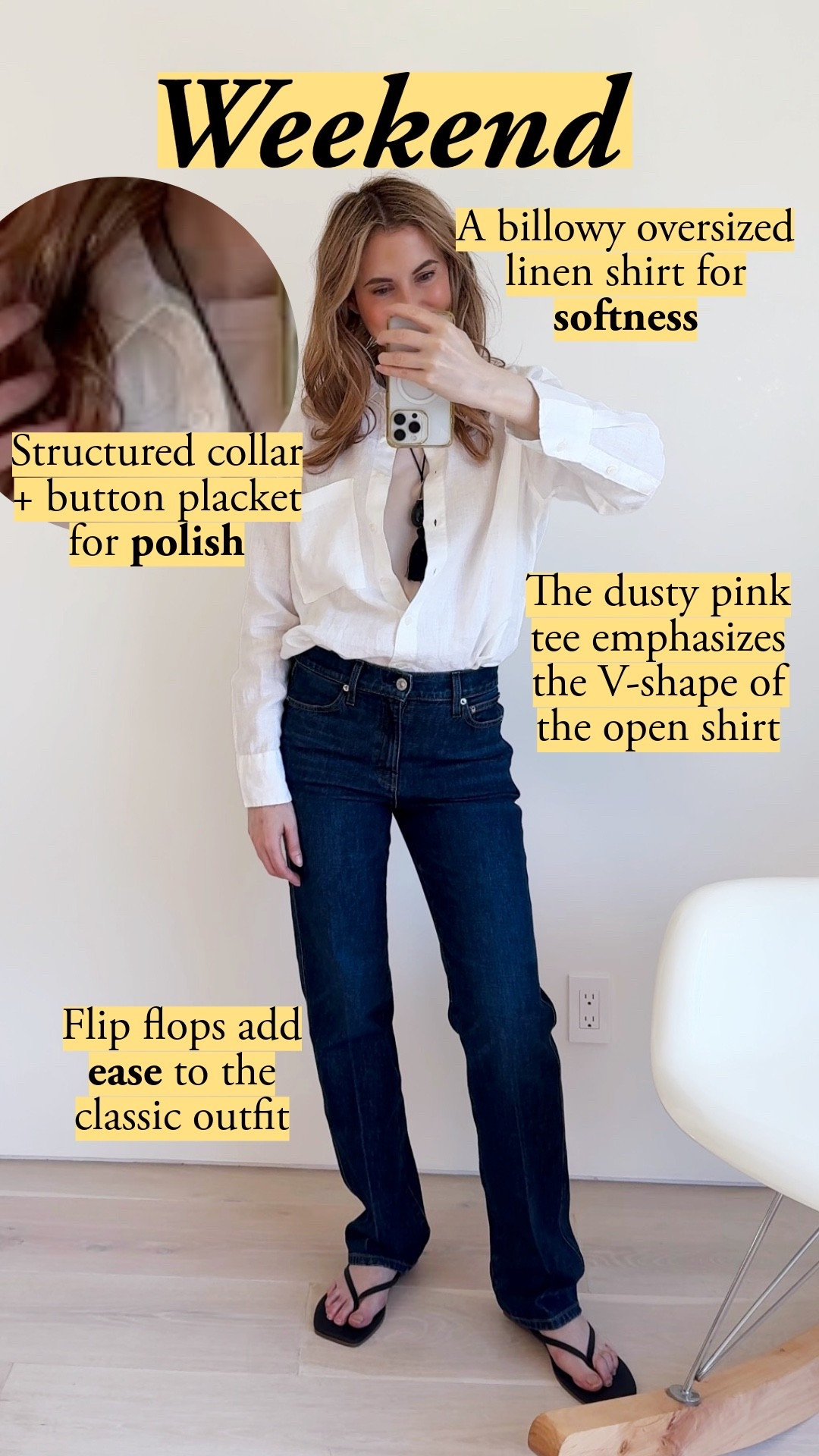 An oversized linen shirt with a structured collar and placket stays polished even worn loose and open – the softness is the fabric, the polish is the construction. Layered over the slim dark jeans, neutral tee, and tassel necklace from the base. oversized linen shirt, white linen button up, structured collar shirt, slim dark jeans, slim straight jeans, neutral tee, oatmeal tee, square toe flip flops, tassel pendant necklace, weekend outfit, casual linen look

#LTKootd
