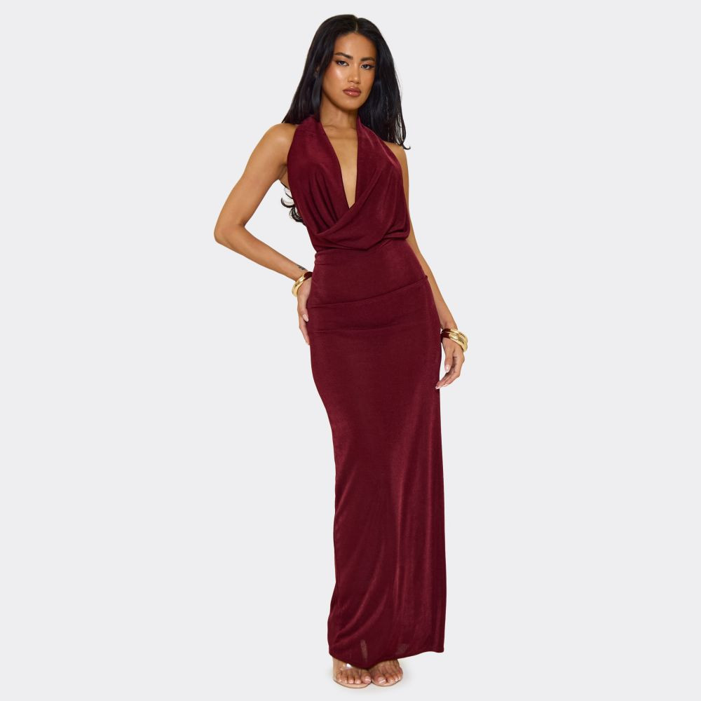 Extreme Cowl Neck Open Back Maxi Dress In Burgundy Slinky | EGO (UK)