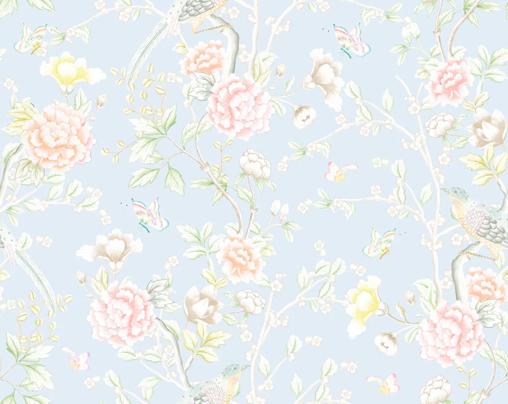 "Chinoiserie Garden" Wallpaper in Sky by Lo Home x Tashi Tsering | Lo Home by Lauren Haskell Designs