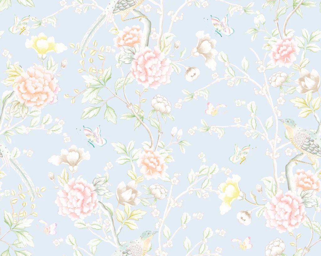 "Chinoiserie Garden" Wallpaper in Sky by Lo Home x Tashi Tsering | Lo Home by Lauren Haskell Designs