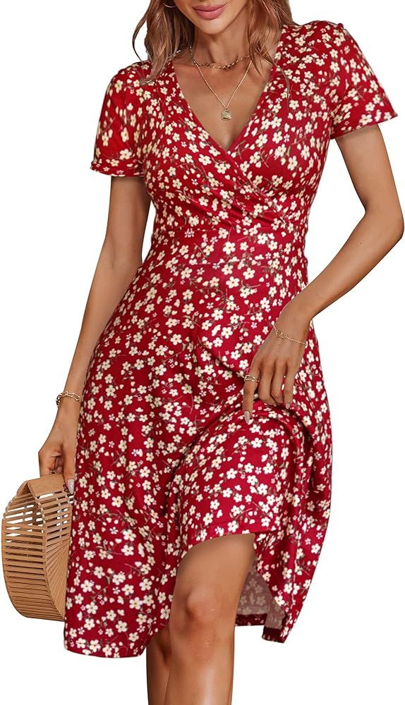 MSBASIC Summer Dresses for Women 2024 Short Sleeve V Neck Wrap Dress Casual Midi Sundresses | Amazon (US)