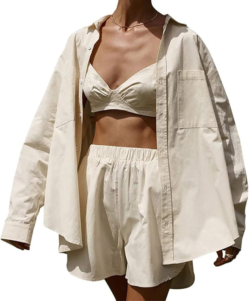 Women's Casual 3 Piece Outfit Set Stripe Long Sleeve Shirt Bra Top Loose Shorts Tracksuit DD941 | Amazon (US)