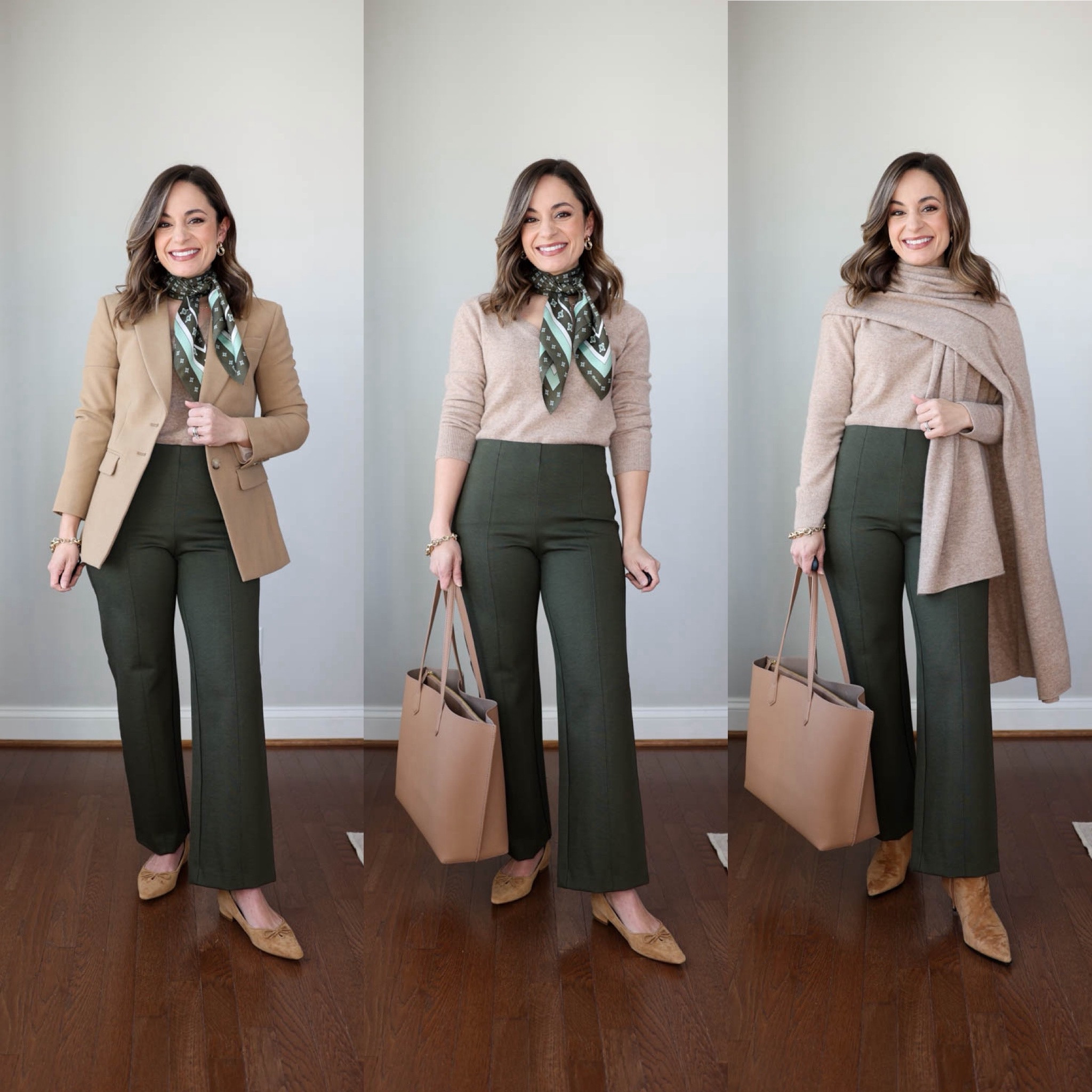 Winter workwear capsule series: olive pants multiple ways! 

Olive pants (Banana Republic): petite xs (10” rise, 26.5” inseam) 

7 tops 
Tan V-neck cardigan (Quince): xs in oatmeal 
Green sweater (J.Crew Factory): xxs
Black cardigan (Gap): xxs (recommend a size up) 
Mauve cardigan (Madewell): xxs 
Gray cardigan (Quince): xs 
Taupe cardigan (Quince): xxs in nomad taupe 
White button down (J.Crew Factory): petite xxs 

3 base layers 
Brown top (Amazon): xs 
Black turtleneck (J.Crew Factory): xxs 
White top (Quince): xs 

3 blazers 
Plaid blazer (BR Factory): petite 00 (mostly sold out in petite) 
Tan blazer (J.Crew): petite 00 
Brown blazer (Banana Republic): petite xxs (recommend a size up) 

My measurements for reference: I’m 4’10” and 105lbs. My bust, waist, and hip measurement is 32”, 24”, and 36”.

#LTKPetite #LTKWorkwear
