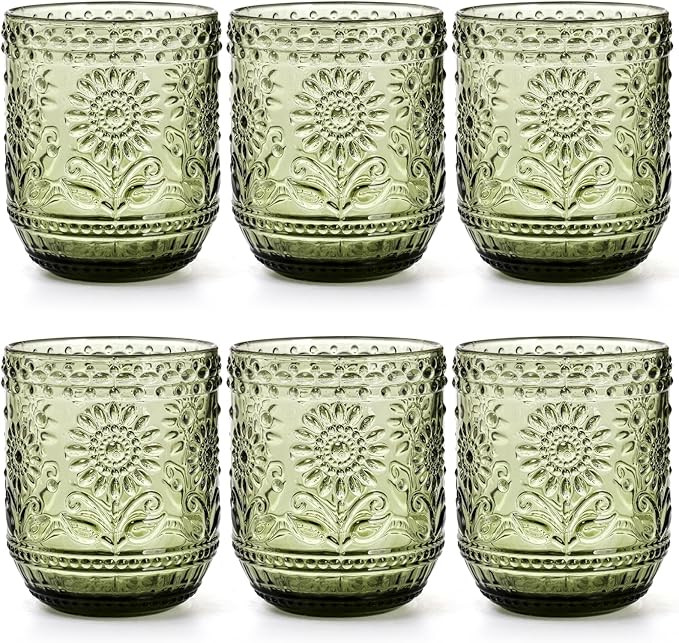 Hacaroa Set of 6 Vintage Drinking Glasses, 12 Oz Green Colored Glassware Floral Embossed Water Gl... | Amazon (US)