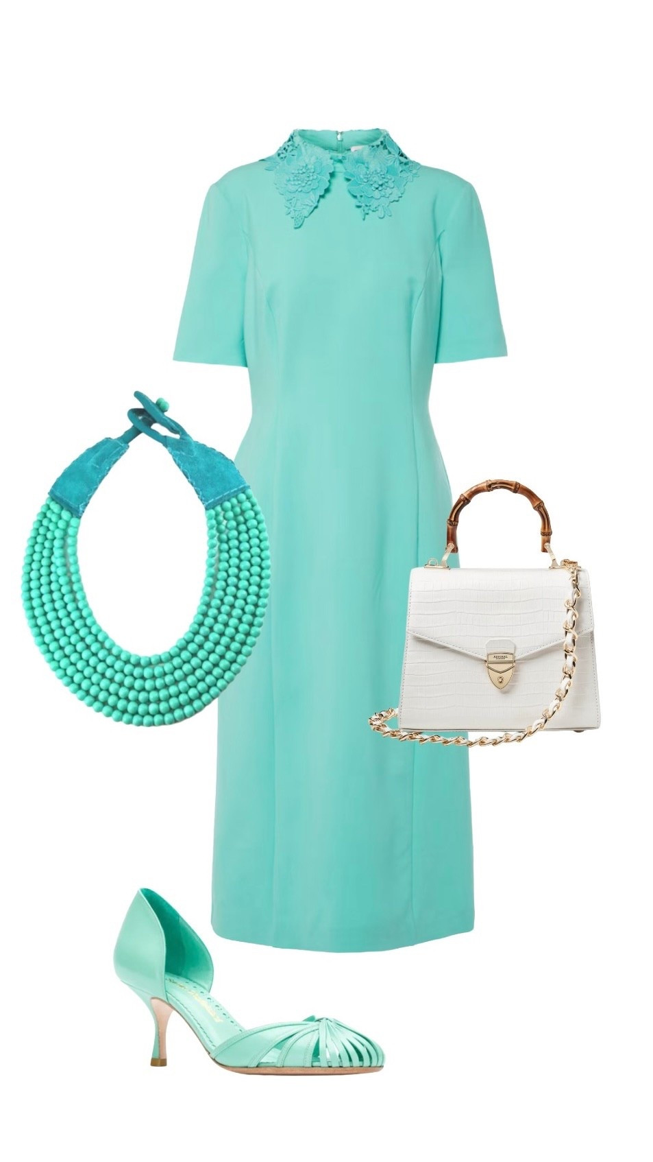 

Spring summer event dressing when you don’t need a hat (see product list if you do require or hat or fascinator) - Maximalist styling further enhances this fabulous turquoise collared dress by Oscar de la Renta On SALE with coordinating turquoise shoes and a  bamboo handle handbag in white leather which really pops! 

Turquoise Lace Collared Midi Dress - Oscar de la Renta - SALE 30% off + extra 20%  from MyTheresa 

Chalk White Bamboo Handle Midi Mayfair Bag - Aspinal of London 

Turquoise Multi-Row Bead Statement Necklace - Etsy 

Turquoise Leather Shoes - Sarah Chofakian from Farfetch 

#LTKluxury #LTKeurope #LTKdresses