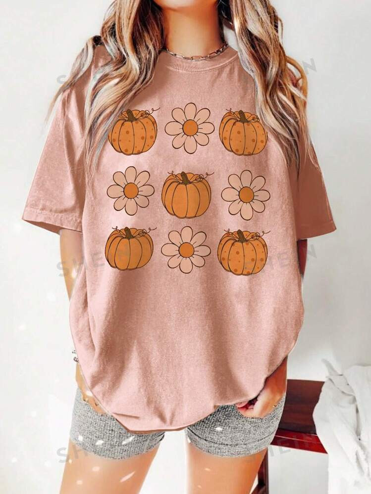 SHEIN LUNE Women's Casual Pumpkin & Floral Print T-Shirt For Halloween, Summer Fall Top | SHEIN
