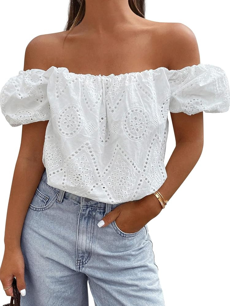 PRETTYGARDEN Women's Summer Off The Shoulder Tops 2026 Dressy Casual Puff Short Sleeve Embroidere... | Amazon (US)