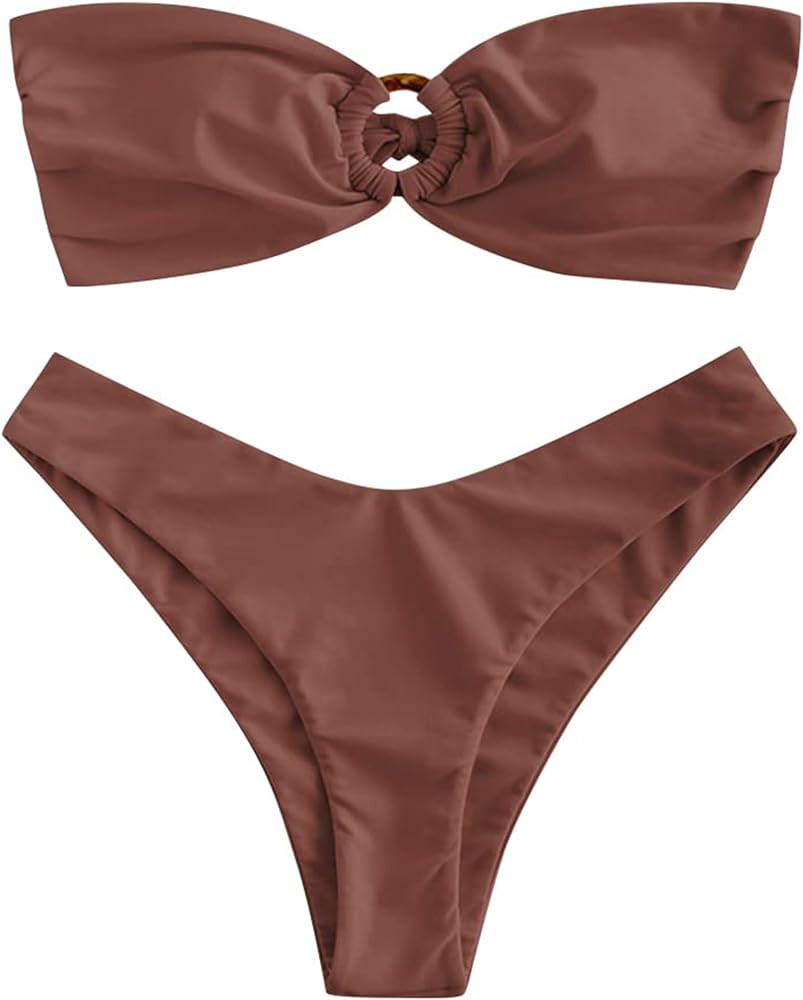 ZAFUL Women's Bandeau Bikini O Ring Strapless Tie Back High Cut Two Piece Swimsuit Bathing Suits | Amazon (US)