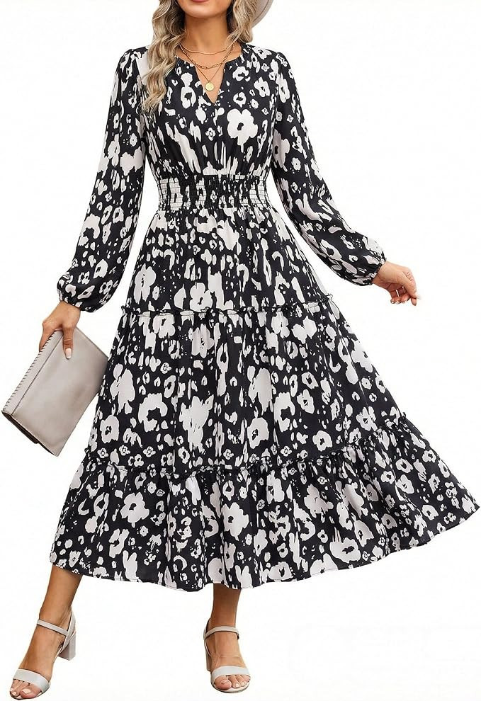 GRACE KARIN Women's Floral Maxi Dress 2026 Fall Long Sleeve V Neck Empire Waist A Line Flowy Dres... | Amazon (US)