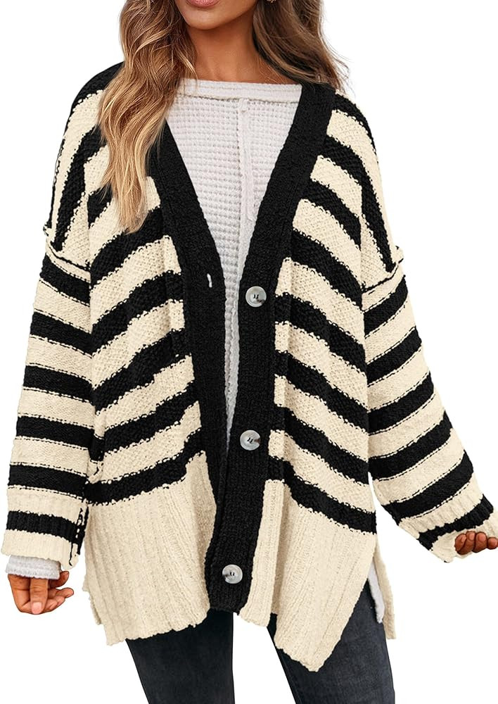 PRETTYGARDEN Women's Winter Striped Cardigan Sweaters Long Sleeve Button Down Open Front Chunky K... | Amazon (US)