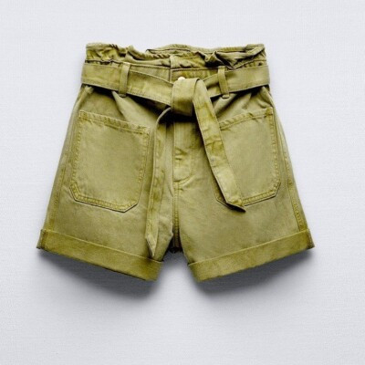 Zara Green Denim Baggy Paperbag Raw Hem Shorts with Belt Size 2 | eBay | eBay US