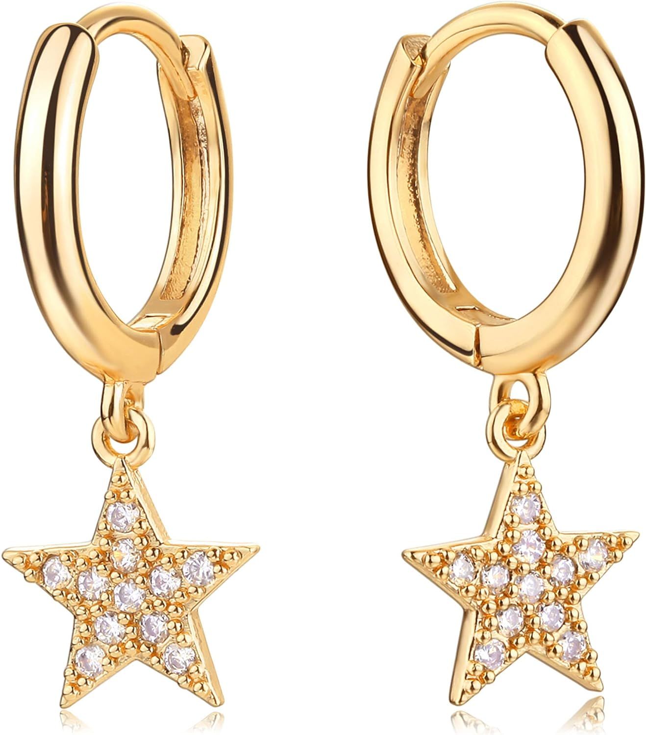 Fettero Gold Huggie Hoop Earrings Star Cross Lock Lightning Spike Evil Eye Fan Bead Dangle Drop S... | Amazon (US)