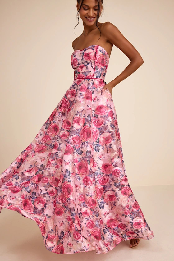 Avaia Pink Floral Strapless Maxi Dress | Lulus
