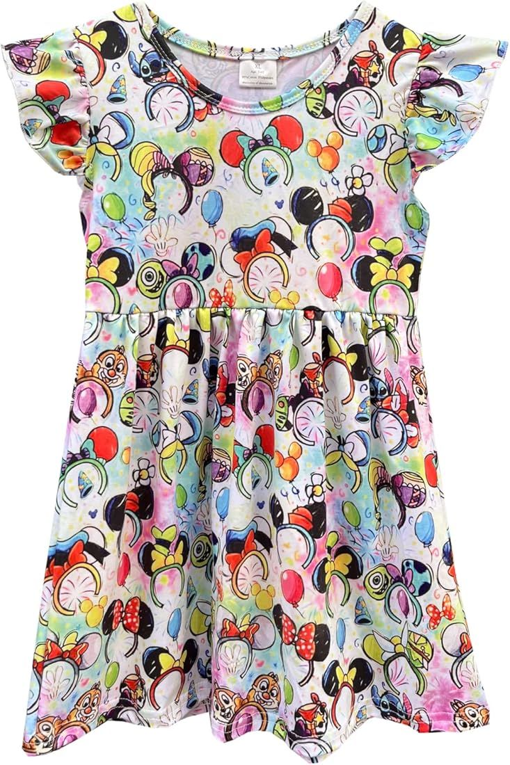 AQHOFSV Baby Girls Flutter Sleeve Cartoon Printed Toddlers Spring Summer Mickey Bow Dress | Amazon (US)