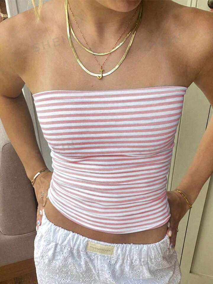 SHEIN EZwear Summer Casual Color Block Striped Slim Cropped Tube Top | SHEIN USA | SHEIN