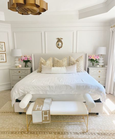 Bedroom, upholstered, wingback, bed, velvet, lumbar pillow, Etsy Ballard designs, antelope area, rug, modern bench curtains

#LTKhome