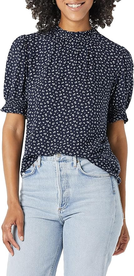Amazon.com: Amazon Essentials Women's Fluid Twill Short Puff Sleeve Ruffle Smocked Shirt, Navy Wh... | Amazon (US)