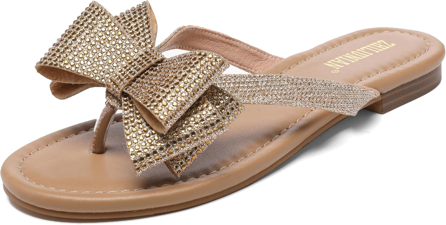 Womens Flat Bow Sparkly Flip Flop Sandals,Ladies Rhinestones Comfortable Thong Slide Dressy Casua... | Amazon (US)
