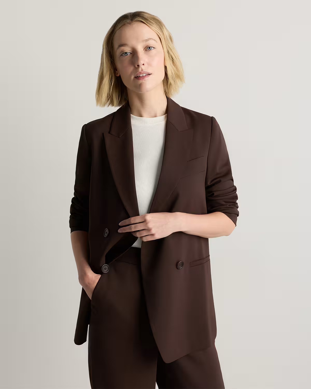Stretch Crepe Double-Breasted Blazer in Coffee Bean Brown | Quince