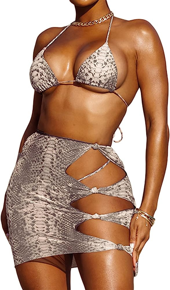 Women's Sexy 2 Pieces Snakeskin Swimsuit Bikini Halter Top with Cutout Skirt Cover Up Set Beach B... | Amazon (US)