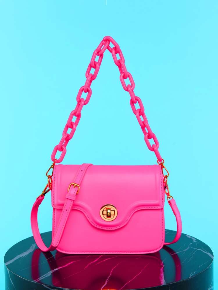Neon Pink Minimalist Flap Shoulder Bag | SHEIN