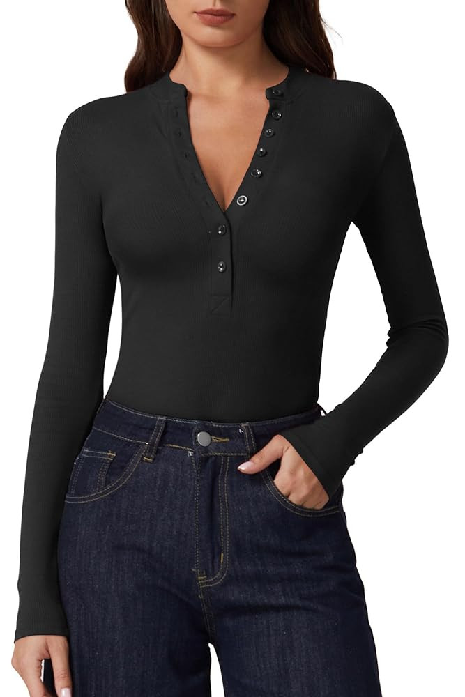 QINSEN Button Down Shirts for Women V Neck Long Sleeve Ribbed Knit Slim Fit Basic Tee Tops | Amazon (US)