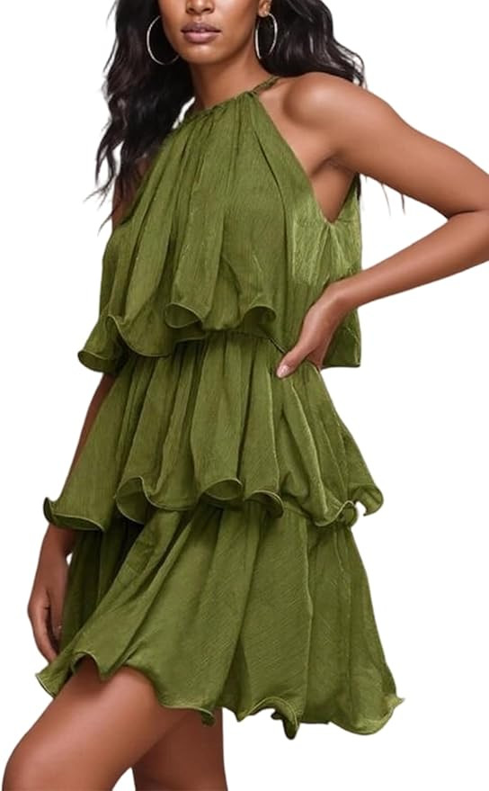 LETSVDO Women's Halter Sleeveless Mini Dress Ruffle Tiered Layered Chiffon A Line Flowy Swing Bea... | Amazon (US)