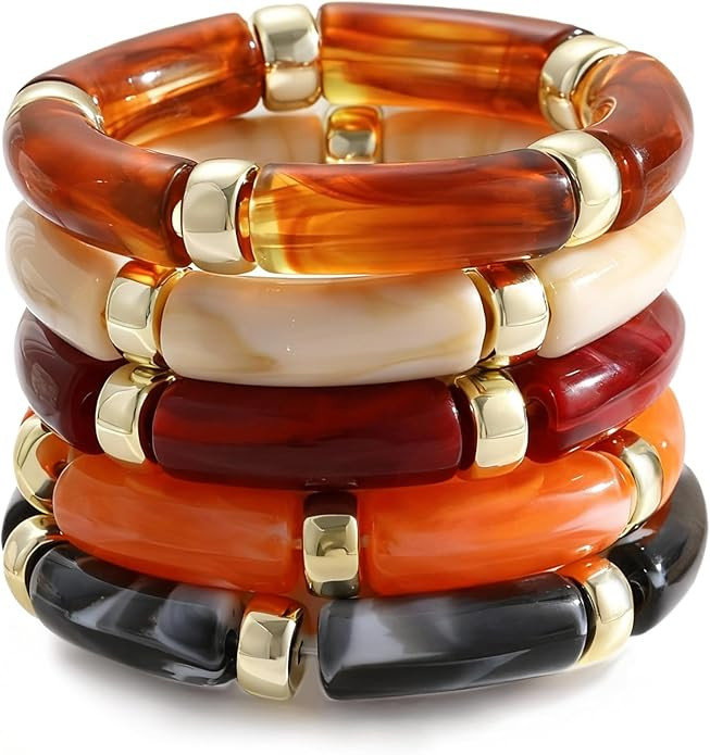 iF YOU 6pcs Chunky Acrylic Bangle Bracelets for Women, Resin Bamboo Brown Stretchy Bracelet Stack... | Amazon (US)