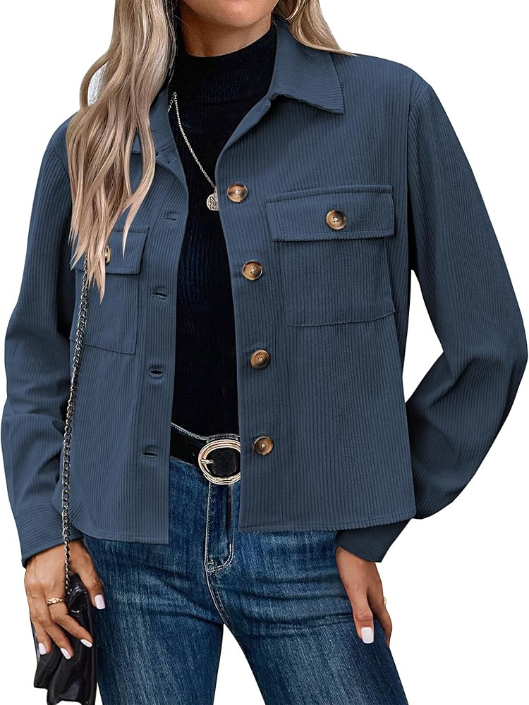 Zeagoo Womens Fashion Cropped Shackets Corduroy Button Down Crop Jackets Tops Long Sleeve Shirts ... | Amazon (US)