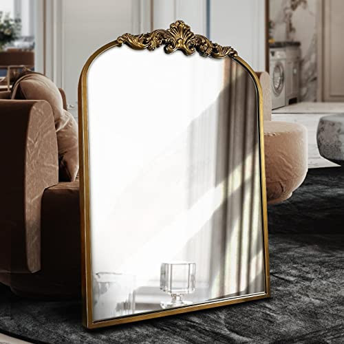 WAMIRRO Arched Gold Mirror,Gold Traditional Vintage Ornate Baroque Mirror,Antique Brass Mirrors,Wall Mounted Mirrors for Entryway/Fireplace/Living Room/Hallway/Bathroom.36“X24”Gold | Amazon (US)