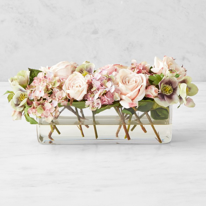 Faux Spring Rose &amp; Hydrangea Floral Arrangement, Tablerunner Vase | Williams-Sonoma