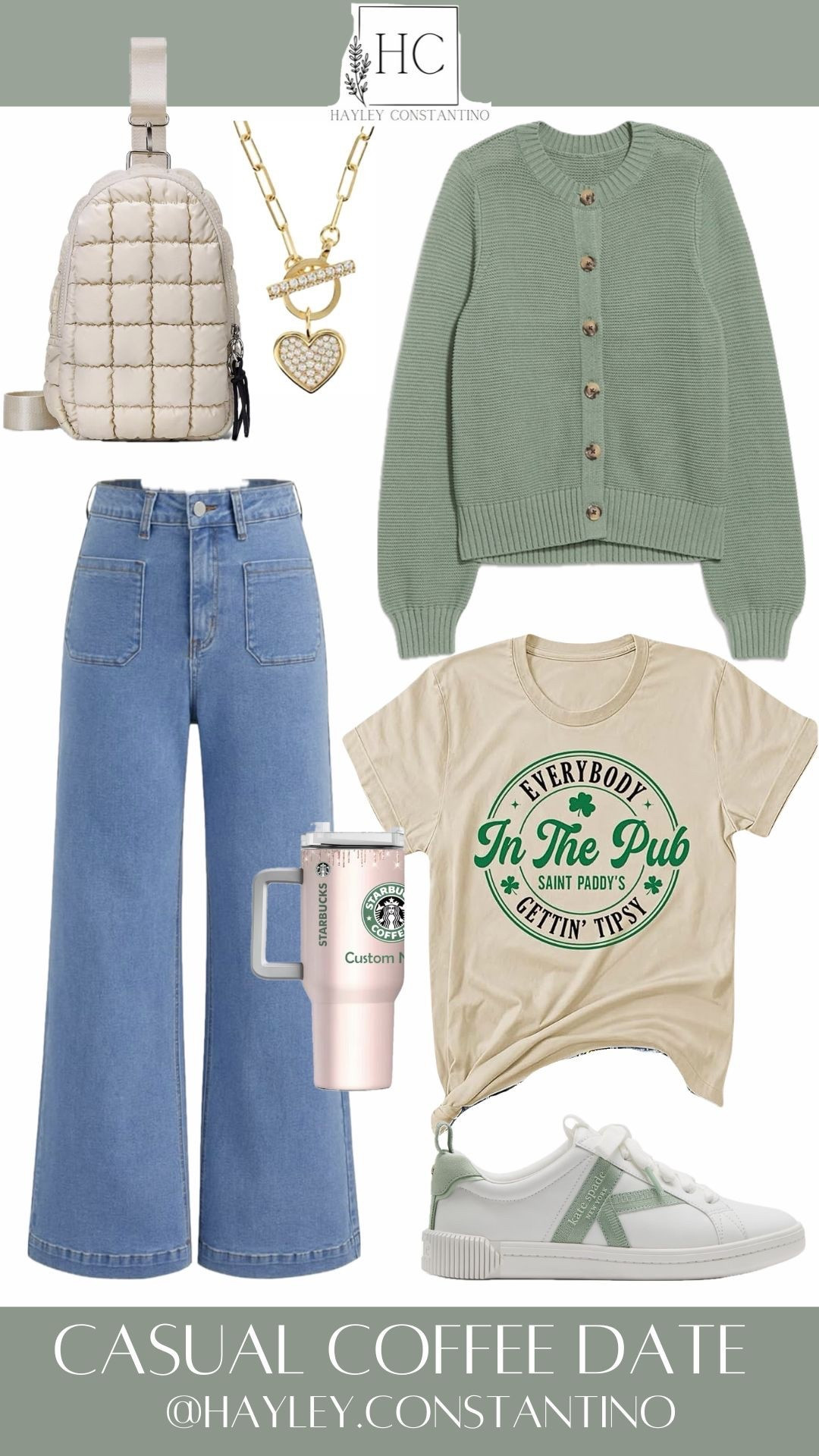 This outfit is casual-cute with a wink of personality—the kind of look that feels effortless but still totally put-together.
The vibe:
Soft sage green meets cozy neutrals, giving fresh, youthful energy without trying too hard. The graphic tee brings playful charm (hello, cheeky Saint Paddy’s mood 🍀), while the  cardigan layers in that “I just threw this on” polish. High-waisted wide-leg jeans keep things relaxed and flattering, and the clean sneakers say cool girl on the go. The quilted mini backpack and dainty heart necklace add just the right touch of sweetness.
Why it works:
It’s comfy, current, and confidence-boosting—perfect for women of any age who want to look fun, approachable, and stylish without sacrificing comfort.
When & where to wear it:
Casual coffee dates ☕
Weekend errands that turn into lunch plans
School drop-off then Starbucks run
St. Patrick’s Day festivities (low-key but festive!)
Walks, shopping days, or casual meet-ups with friends
Basically, this is your “cute but chill” uniform—easy, youthful, and totally wearable from morning caffeine to afternoon plans. 💚✨

#LTKOver40 #LTKootd #LTKU