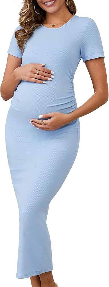 Womens Maternity Dress Bodycon Midi Side Ruched Ribbed Cocktail Pregnancy Dresses Photoshoot Wedding Guest | Amazon (US)