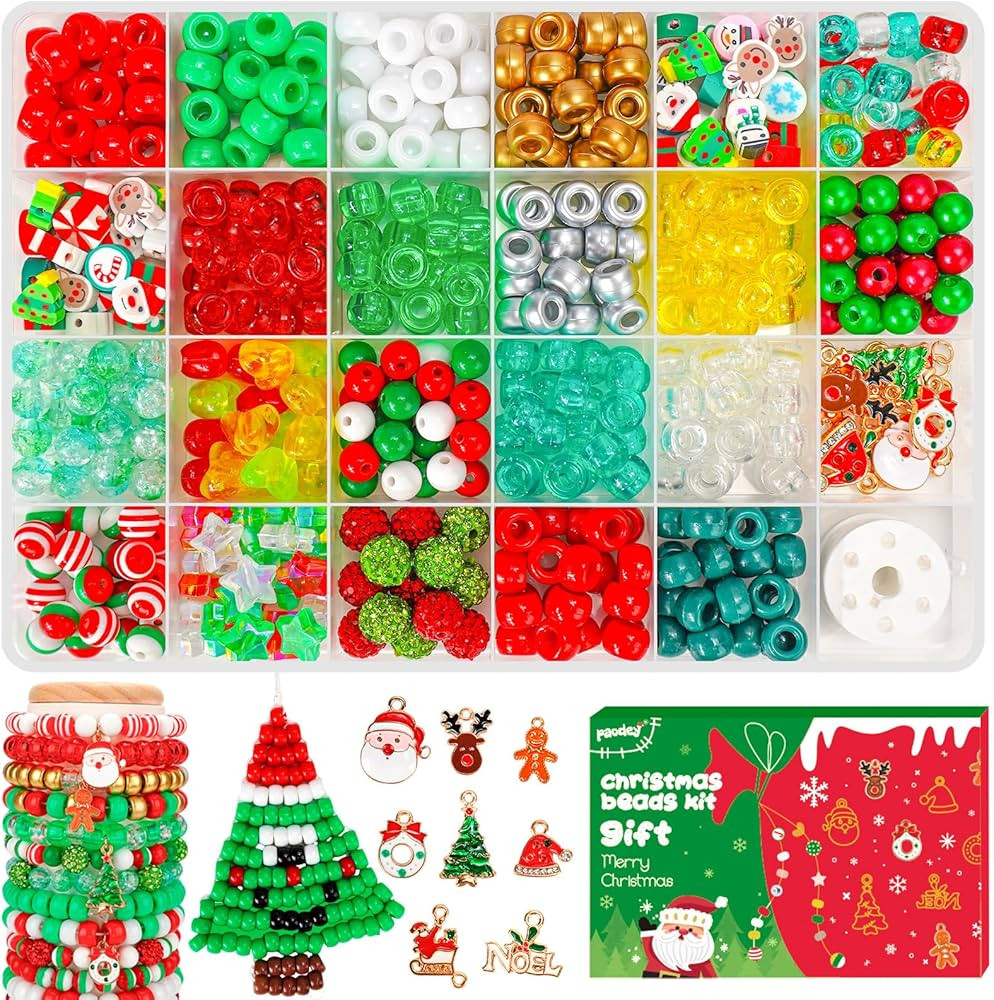 Christmas Pony Beads for Bracelet Making Kit with Christmas Decor Tree Snowflake Charms, Gold Red... | Amazon (US)