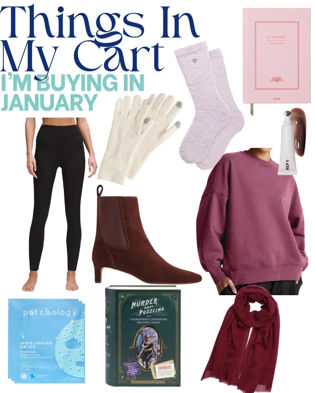 Things in my cart for January ❄️ Cozy sweats, everyday leggings, a puzzle for winter nights, a warm scarf + gloves, and hydrating lip + mask staples to survive dry weather.

#LTKActive #LTKFindsUnder100 #LTKBeauty