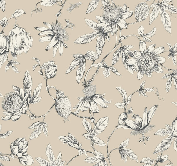 Passion Flower Toile Wallpaper- Beige | York Wallcoverings