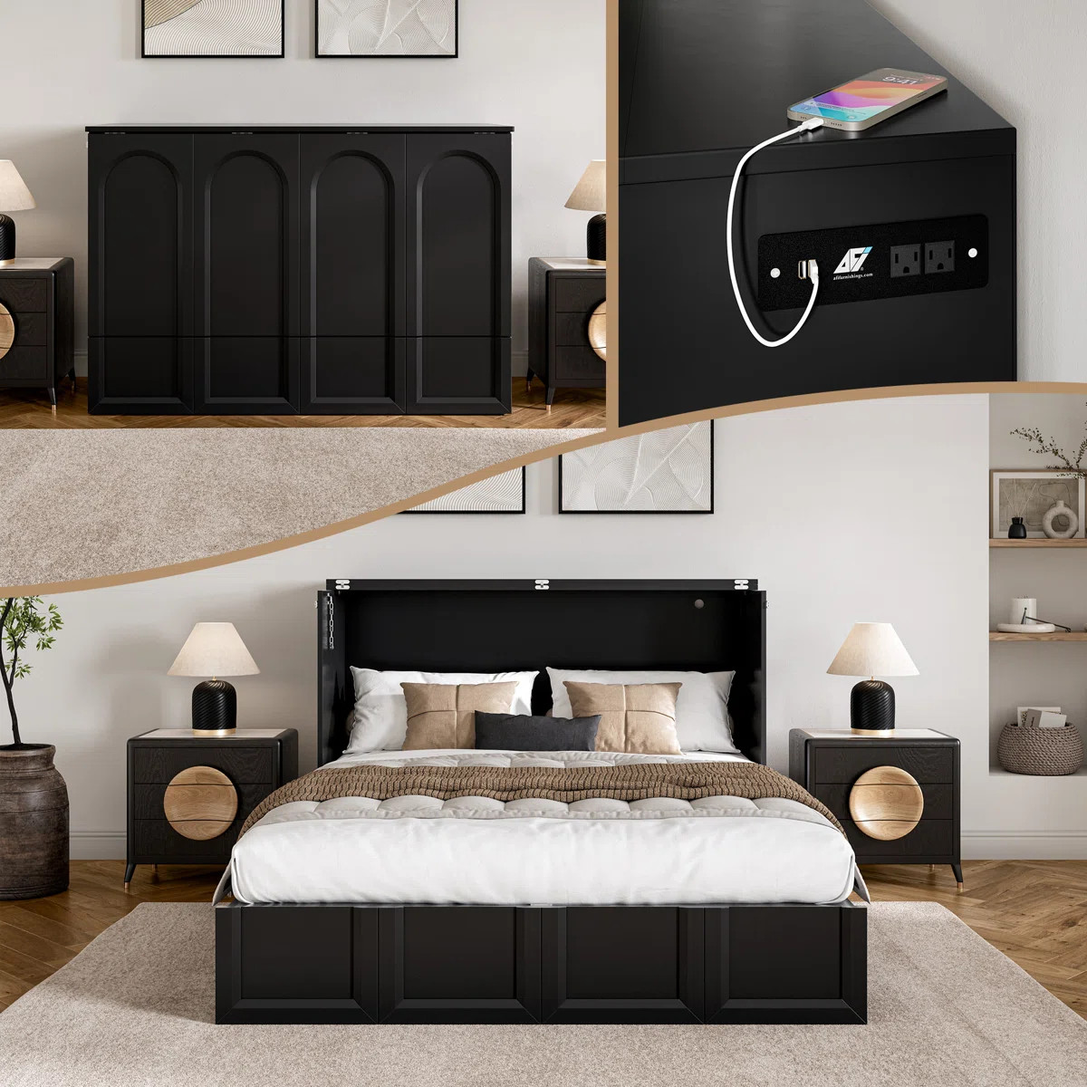 Athena Wood Murphy Bed Chest with 6" Mattress, Storage Drawer, and Built-in Charger | Wayfair North America